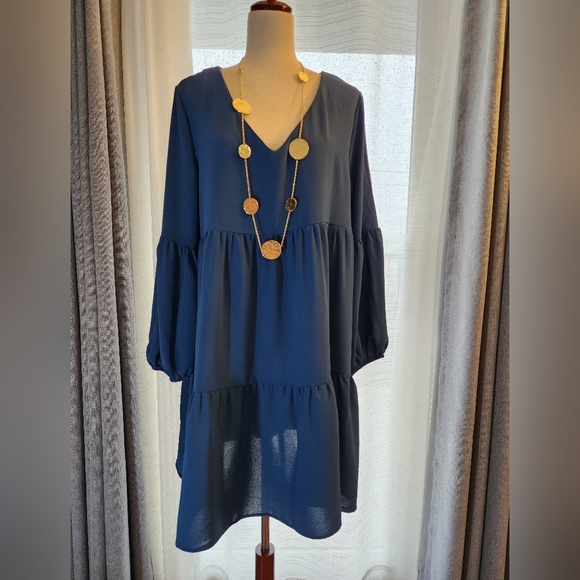 PINZIKO Long Sleeve Tunic Dress V Neck Casual Loose Flowy Swing Shift Dress M/L - Picture 7 of 14